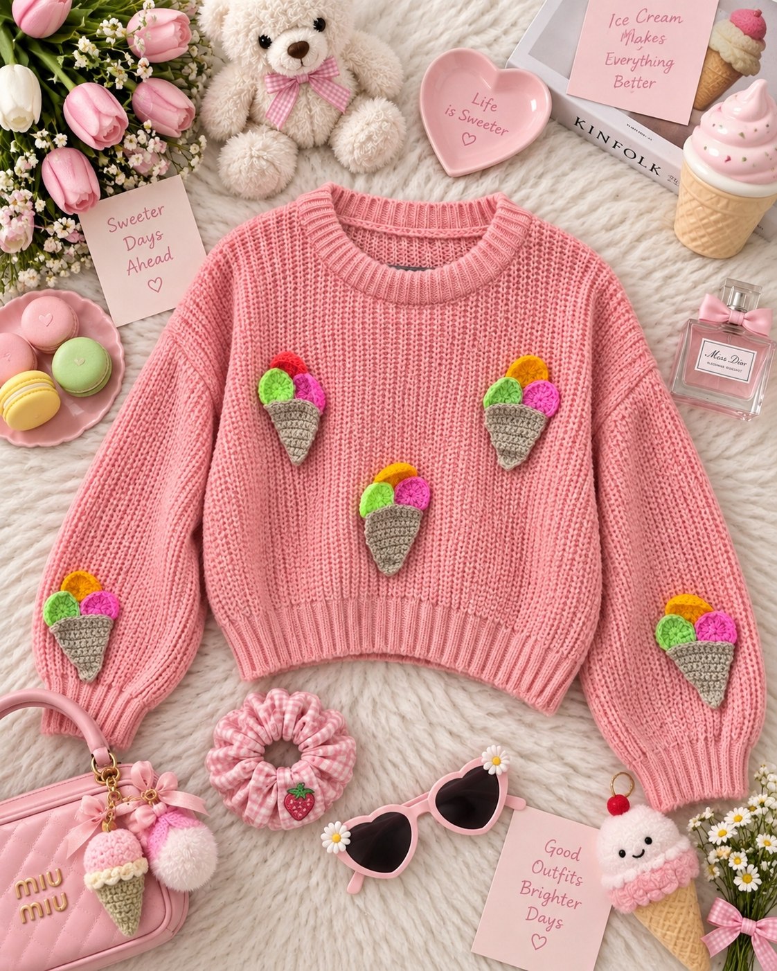 کراپ بافت زنانه طرح بستنی با استیکرهای بافت برجسته و آستین پفی